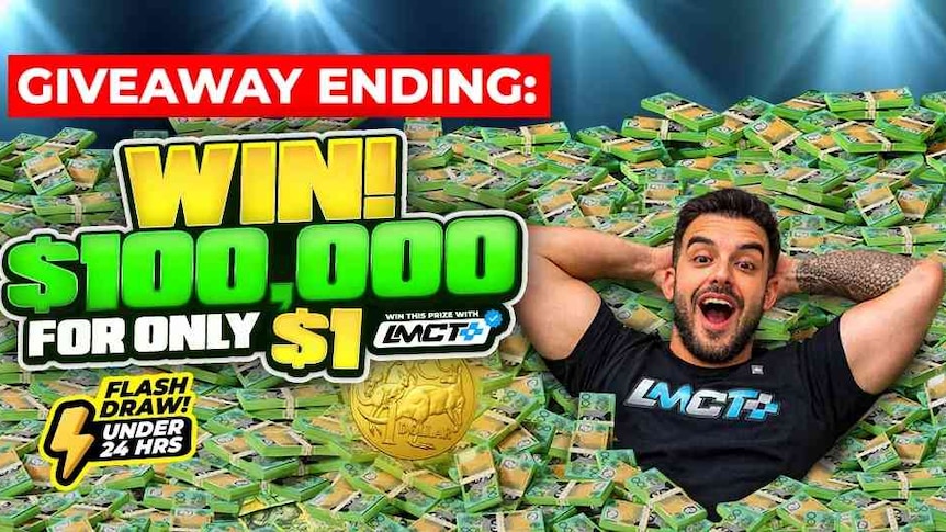 A man lying in a large pile cash with the text: "Win! $100,000 for only $1"