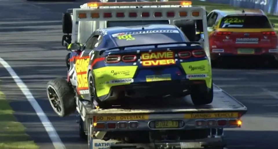 Grant Denyer's car looked worse for wear, but the TV host said he was okay. Source: Fox Sports