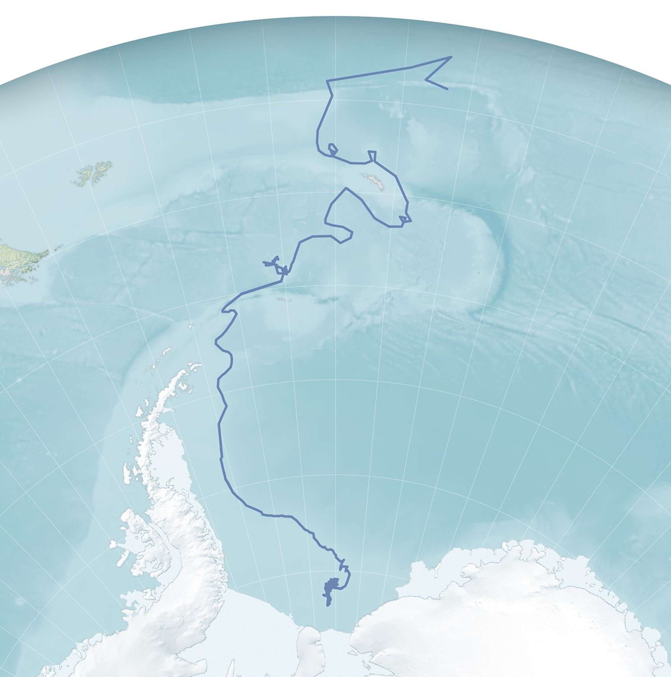 A map of the Southern Ocean and South Atlantic with Antarctica at the bottom, showing Iceberg A-23A’s path as a generally northward route with several loops and deviations.