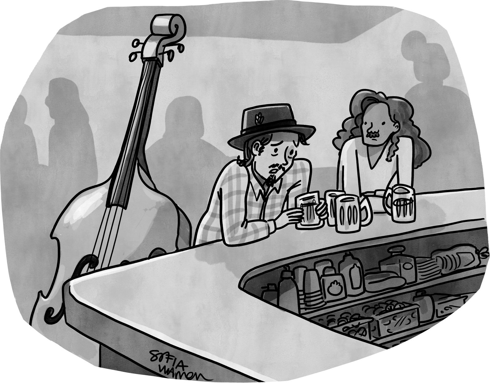 Jazz bassist sitting at bar with friend.