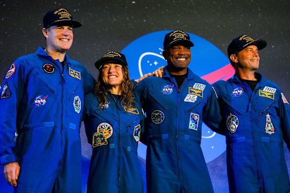 Artemis crew members Jeremy Hansen, Christina Koch, Victor Glover and Reid Wiseman appear in Houston.