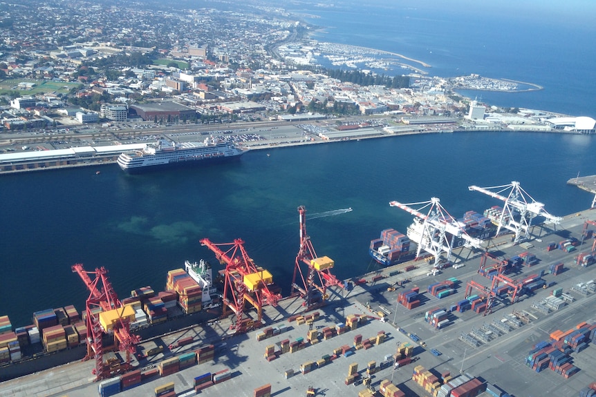 An aerial shot of loading cranes and containers at Fremantle Port.