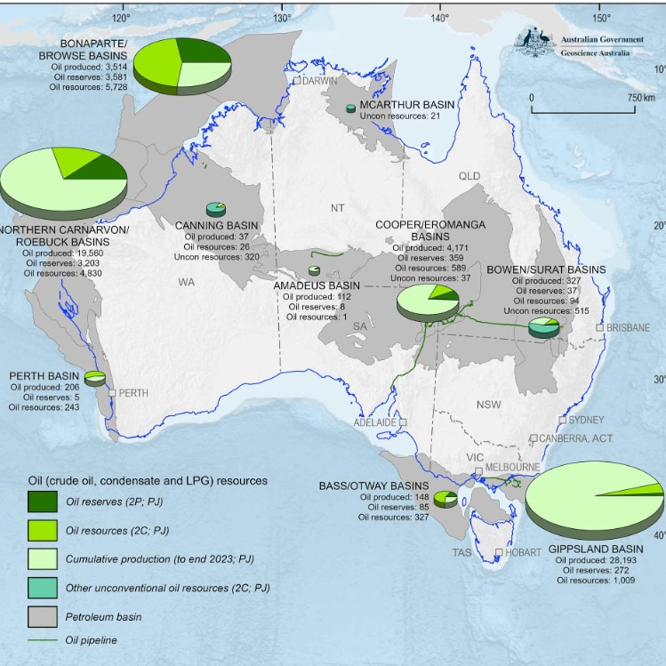 A map of Australia showing green highlighted areas of oil resources.