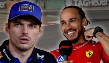 Laughing Lewis Hamilton and annoyed Max Verstappen edited onto a background of the Shanghai International Circuit