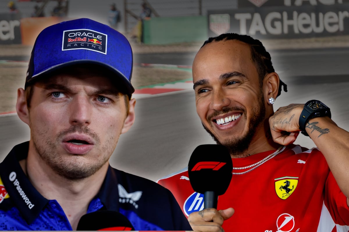 Laughing Lewis Hamilton and annoyed Max Verstappen edited onto a background of the Shanghai International Circuit