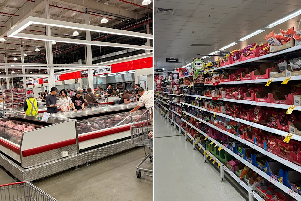 A Costco checkout and a Coles aisle. 