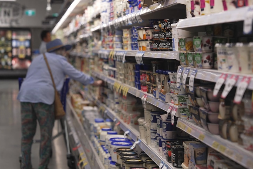 A woman shopping in a grocery store aisle.