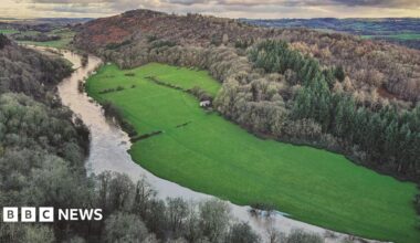 The River Wye winds its way though through lush green countryside.