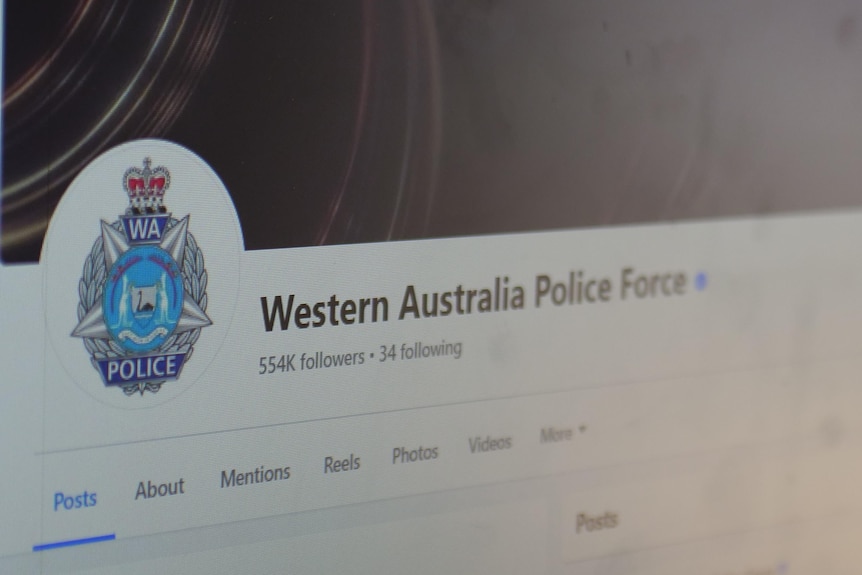 An image shot on an angle of the Facebook page for Western Australia Police Force with its logo and text showing 554k followers