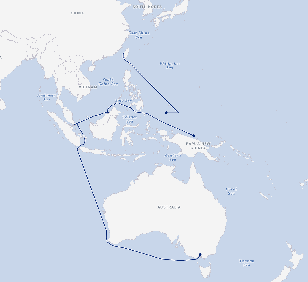 A map shows three shipping route lines running from Taiwan, Brunei and India to Australia.