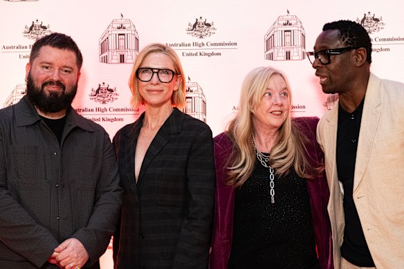 Theatre director Kip Williams, actor Cate Blanchett, playwright Suzie Miller and British actor David Harewood at Australia House, London, on Friday.