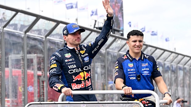 Max Verstappen of the Netherlands and Oracle Red Bull Racing and Isack Hadjar of France and Oracle Red Bull Racing.
