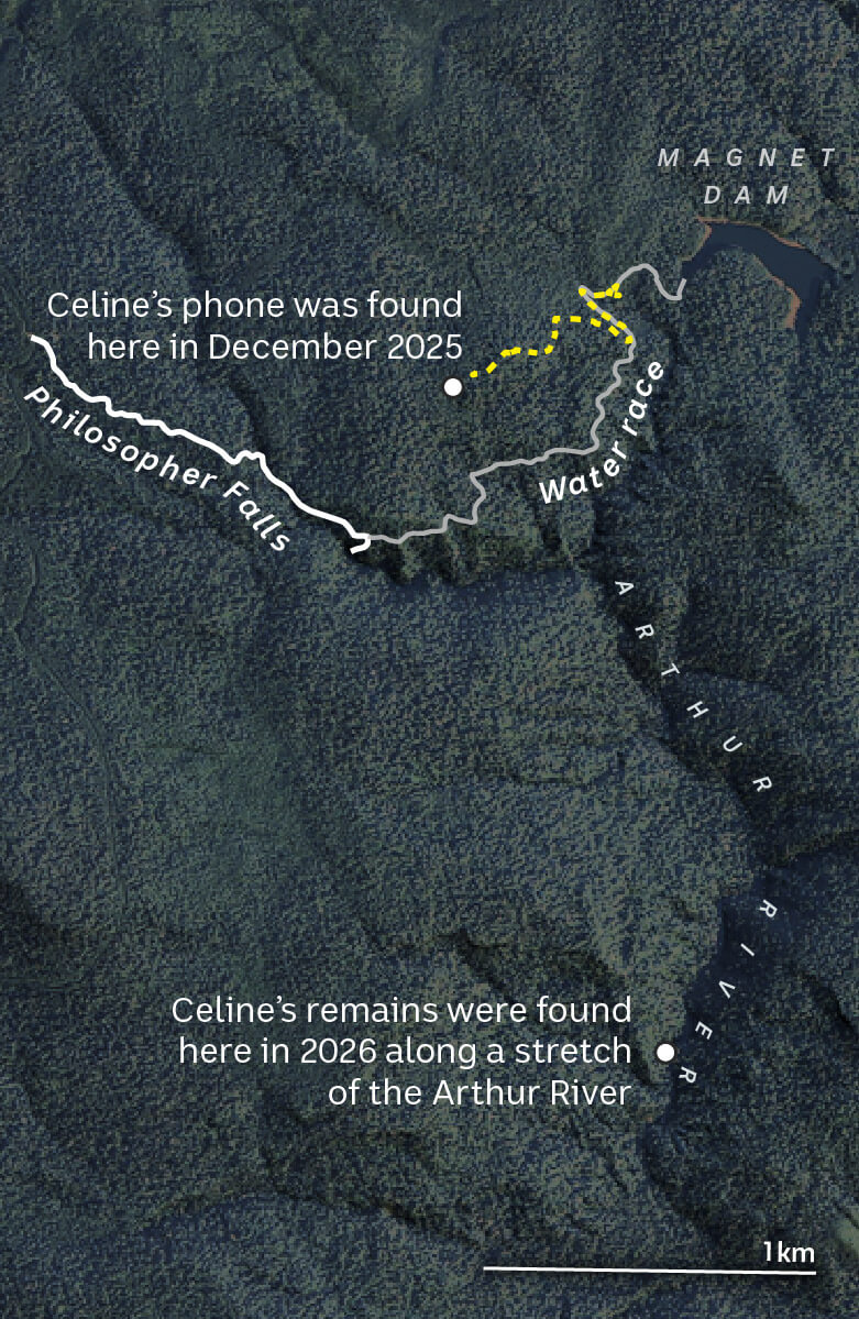 A satellite map of green forestry has graphic text on it which indicate where Celine Cremer's remains were found on Arthur River