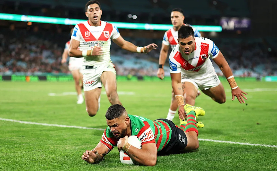 Latrell Mitchell in action for Souths against the Dragons.