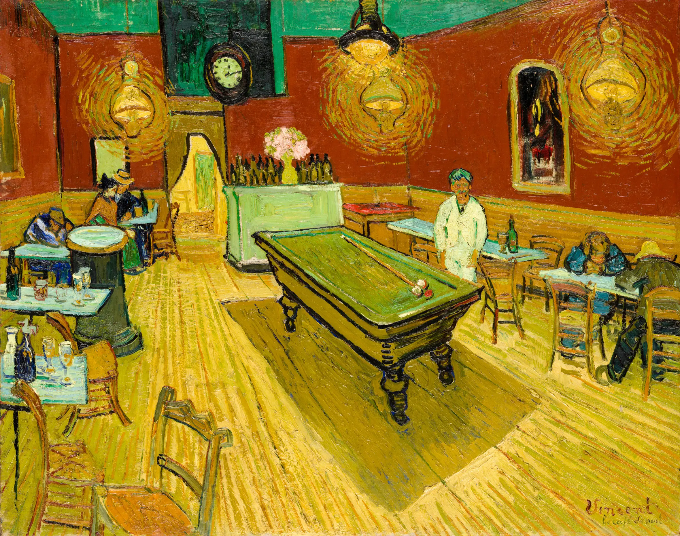 Painting of "The Night Cafe" by Vincent Van Gogh, featuring a billiards table and several figures.
