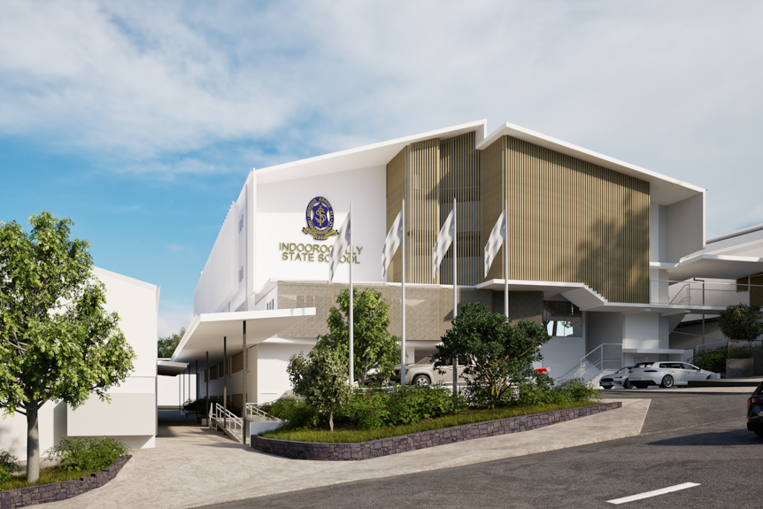 An artist impression of a school building with a carpark and trees and flag poles.