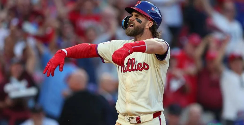 Bryce Harper reacts to hitting a home run.