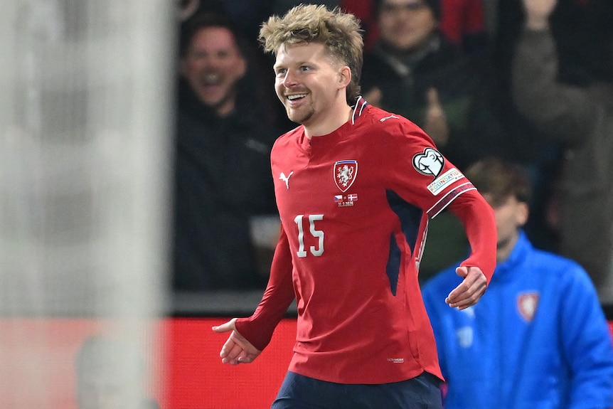 Pavel Sulc of Czechia celebrates scoring against Denmark in World Cup qualifier.