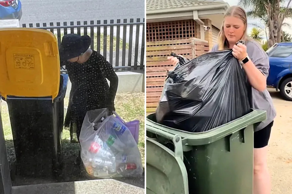 Left: Woman sorts through recycling bin on a private property. Right: Woman lifts garbage bag from bin.