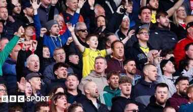 Fans sing as they watch Wrexham AFC