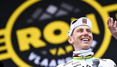 Slovenian Tadej Pogacar of UAE Team Emirates celebrates on the podium after winning the men's race of the 'Ronde van Vlaanderen/ Tour des Flandres/ Tour of Flanders' one day cycling race, 268,9km from Brugge to Oudenaarde, Sunday 06 April 2025. BELGA PHOTO JASPER JACOBS (Photo by JASPER JACOBS / BELGA MAG / Belga via AFP)