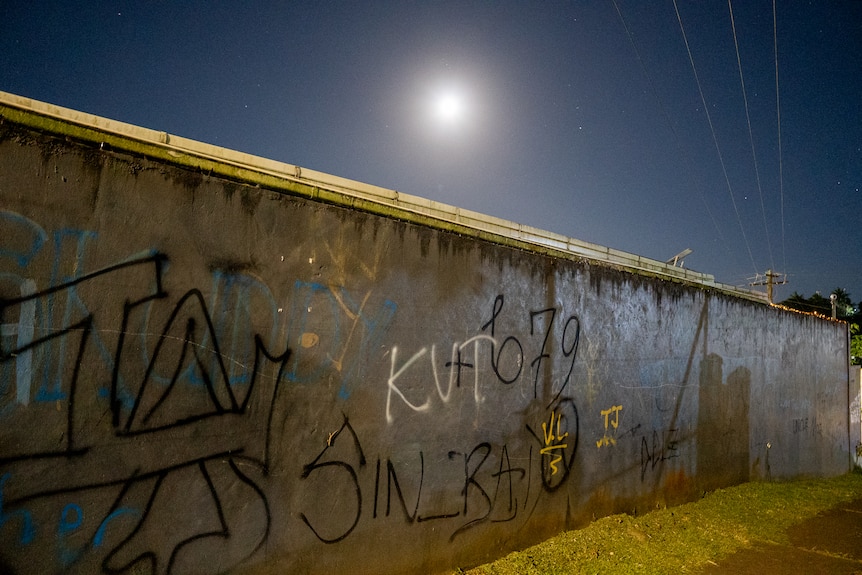 A wall scrawled with graffiti beneath a street lamp at night.