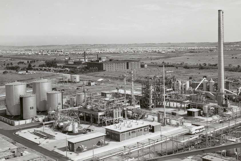 a black and white aerial photo of the Geelong oil refinery