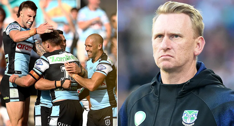 The left image shows Sharks NRL stars celebrating, with Warriors coach Andrew Webster on the right.