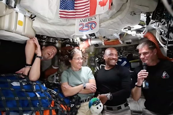 The four crew members – now safely home – in space a few days ago.