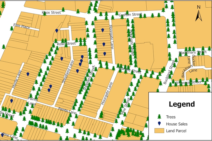 A map of Chippendale that shows the span of public trees along streets lined in green.