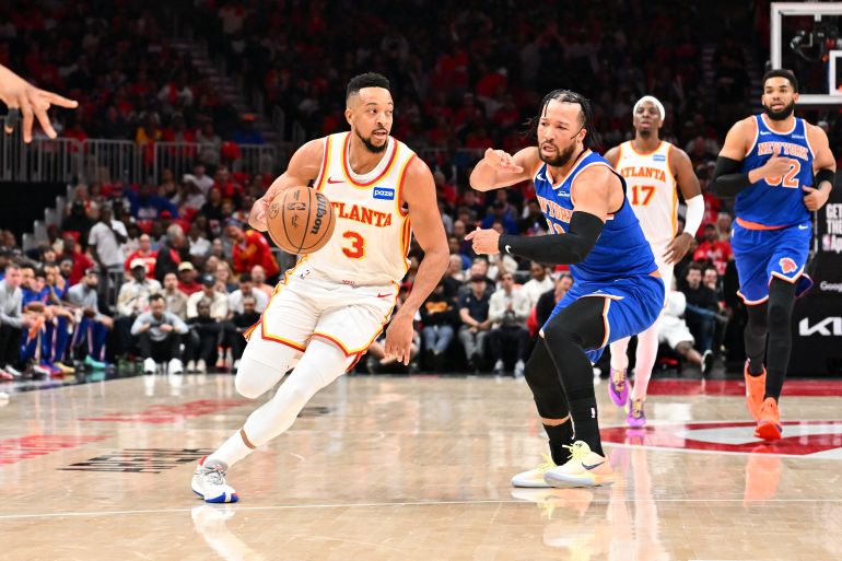 ATLANTA, GA - APRIL 23: CJ McCollum #3 of the Atlanta Hawks handles the ball during the game against the New York Knicks during Round One Game Three of the 2026 NBA Playoffs on April 23, 2026 at State Farm Arena in Atlanta, Georgia. NOTE TO USER: User expressly acknowledges and agrees that, by downloading and/or using this Photograph, user is consenting to the terms and conditions of the Getty Images License Agreement. Mandatory Copyright Notice: Copyright 2026 NBAE Adam Hagy/NBAE via Getty Images/AFP (Photo by Adam Hagy / NBAE / Getty Images / Getty Images via AFP)