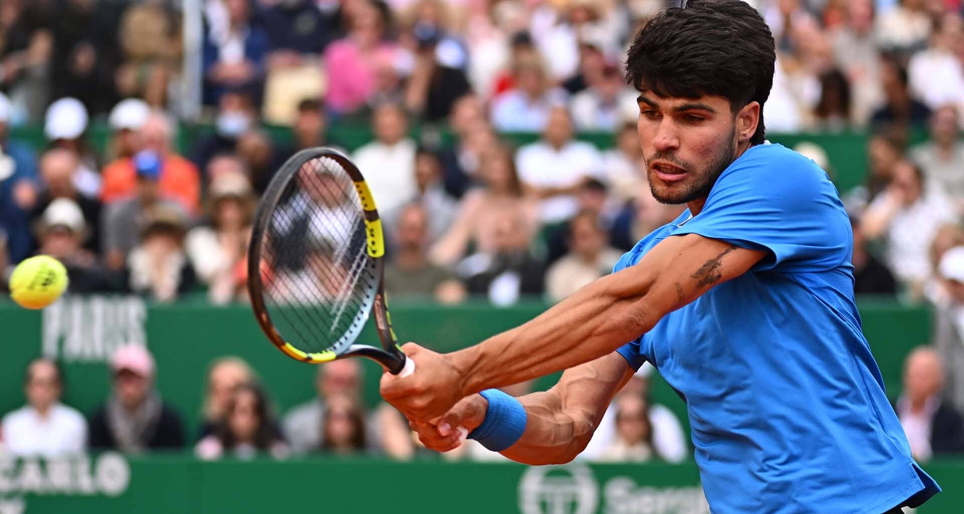 Carlos Alcaraz in action on Sunday during the Rolex Monte-Carlo Masters title match.