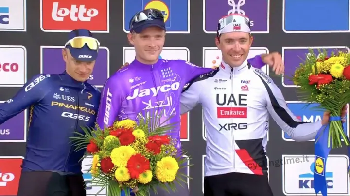Quinten Hermans, Anders Foldager and Benoit Cosnefroy on Brabantse Pijl podium