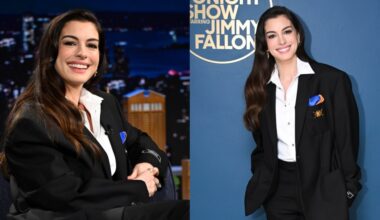Anne Hathaway wears Versace on "The Tonight Show Starring Jimmy Fallon" on April 29 in New York City.