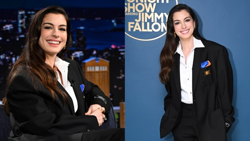 Anne Hathaway wears Versace on "The Tonight Show Starring Jimmy Fallon" on April 29 in New York City.