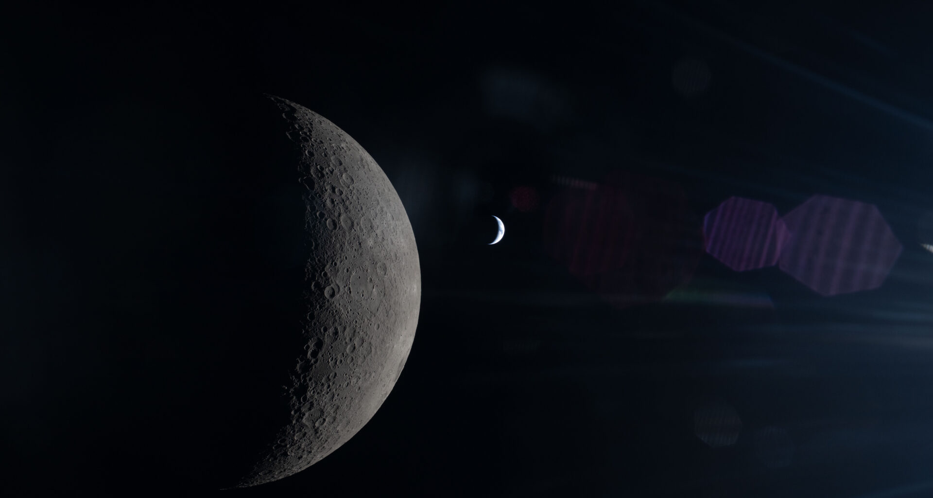 This image, taken from behind the Moon, shows its half-illuminated surface in sharp detail. To the right, a much smaller crescent Earth can be seen, with shades of blue and white just barely distinguishable. A faint reflection of the Orion spacecraft's window overlays the scene, especially in its right half.