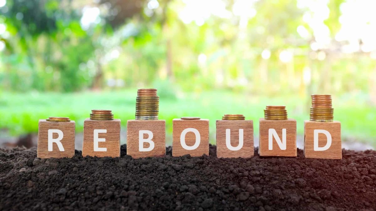 Wooden blocks spelling rebound with coins on top.