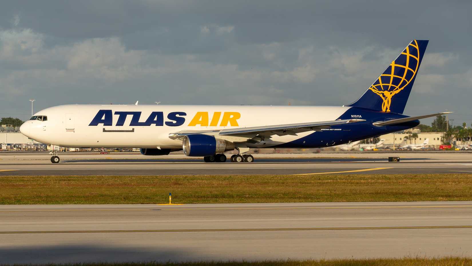 Atlas Air Boeing 767-300F waiting for departure at Miami International Airport.