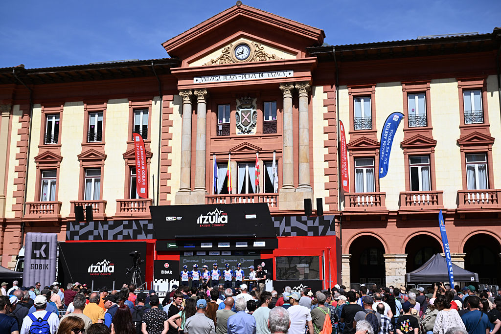 EIBAR, SPAIN - APRIL 10: Primoz Roglic of Slovenia, Haimar Etxeberria of Spain, Florian Lipowitz of Germany, Gianni Moscon of Italy, Luke Tuckwell of Australia, Emil Herzog of Germany and Team Red Bull - BORA - hansgrohe prior to the 65th Itzulia Basque Country 2026, Stage 5 a 176.2km stage from Eibar to Eibar / #UCIWT / on April 10, 2026 in Eibar, Spain. (Photo by Tim de Waele/Getty Images)
