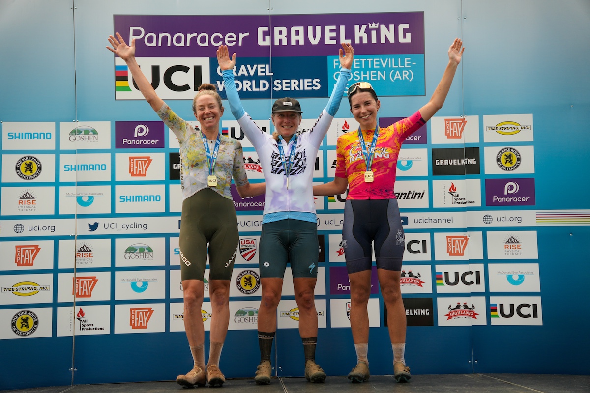 The elite women's podium at the 2026 Highlands Gravel Classics 2026, a UCI Gravel World Series race