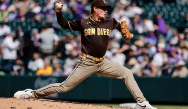 Apr 23, 2026; Denver, Colorado, USA; San Diego Padres relief pitcher Ron Marinaccio (97) pitches in the seventh inning against the Colorado Rockies at Coors Field. Mandatory Credit: Isaiah J. Downing-Imagn Images