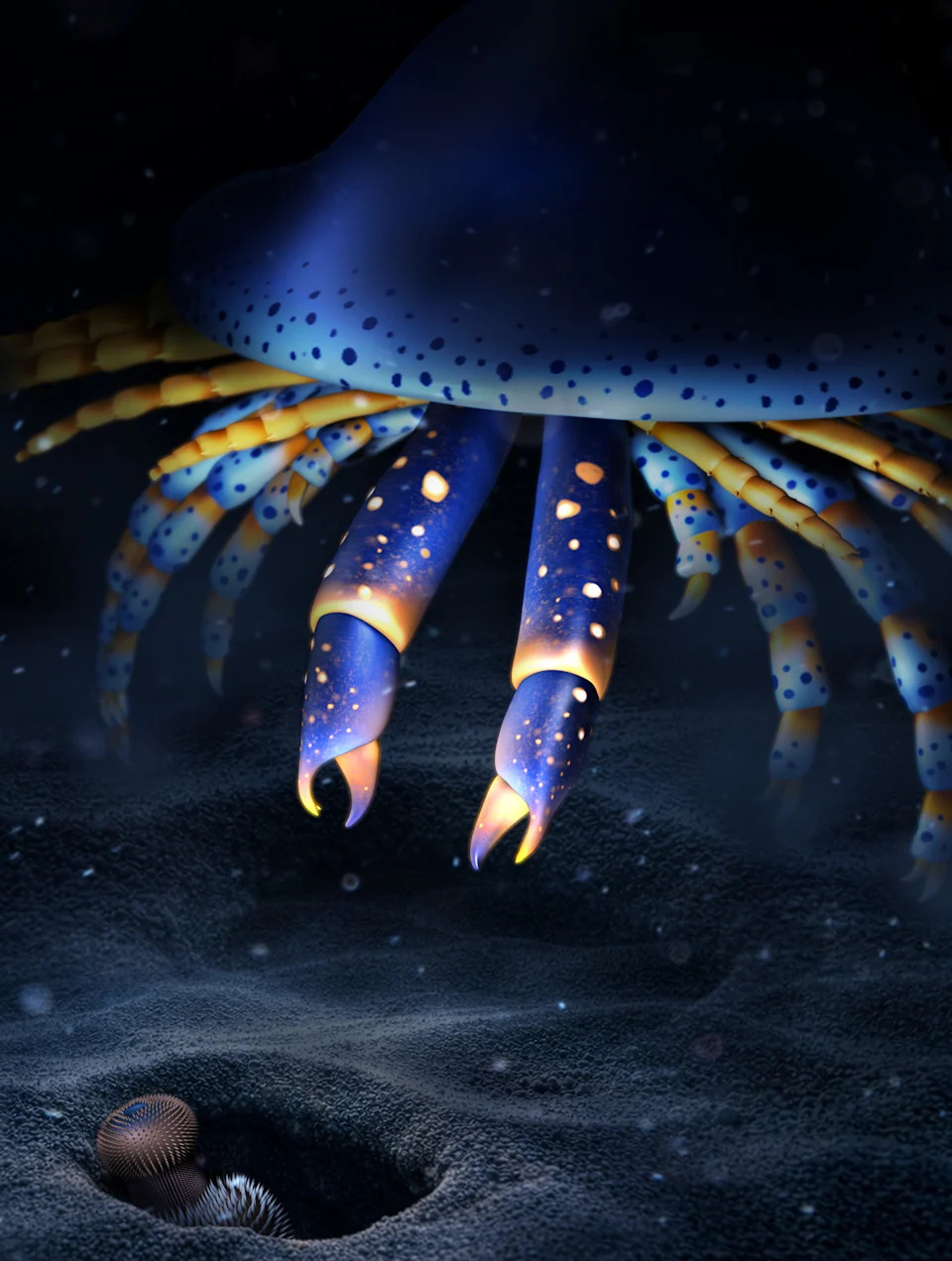 an illustration of a prehistoric spider relative. it is underneath the ocean and hunting with two front claws