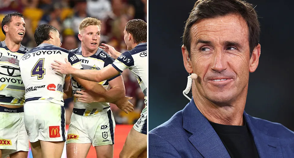 On the right is Andrew Johns and Cowboys fullback Scott Drinkwater is on the far left.