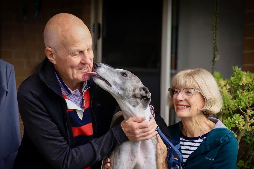 a bald man with dog licking face and woman on right with glasses.