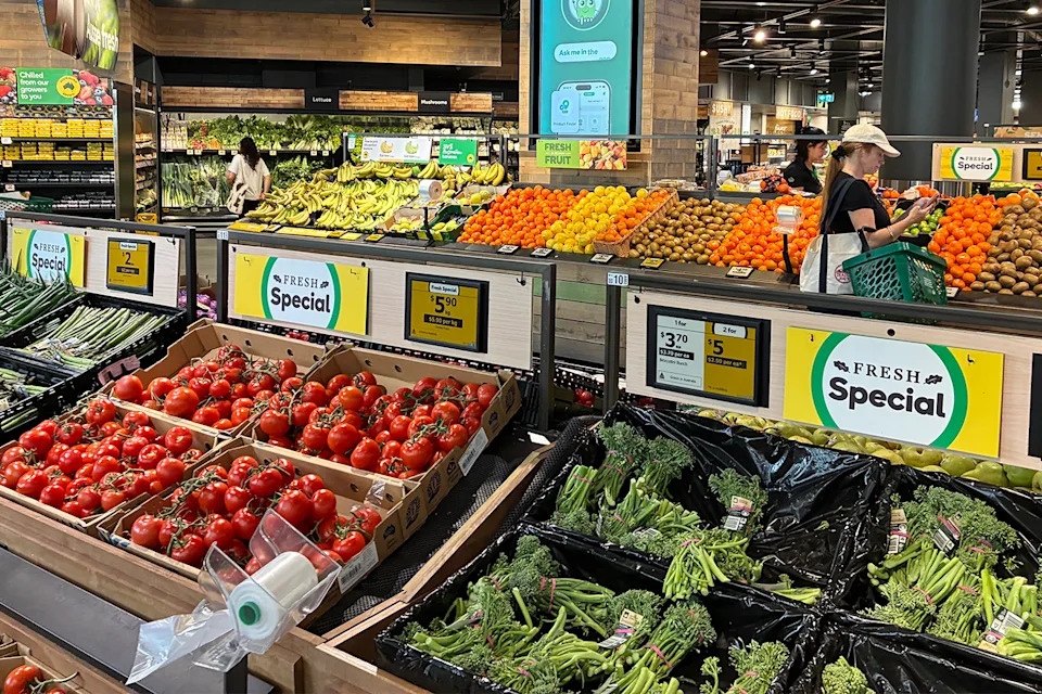 Fruit and vegetable section at a Woolworths grocery store. 