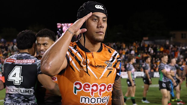SYDNEY, AUSTRALIA - APRIL 23: Jarome Luai of the Wests Tigers celebrates after winning the round eight NRL match between the Wests Tigers and Canberra Raiders at Leichhardt Oval on April 23, 2026 in Sydney, Australia. (Photo by Cameron Spencer/Getty Images)
