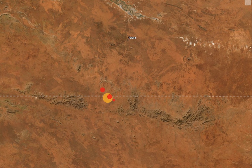 Circles of varied sizes on a mountanous region on the SA-NT border on a map