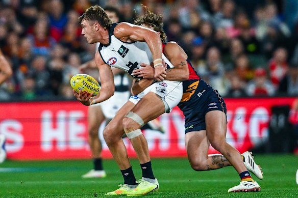 Patrick Cripps during Thursday night’s Gather Round opener between Carlton and Adelaide.