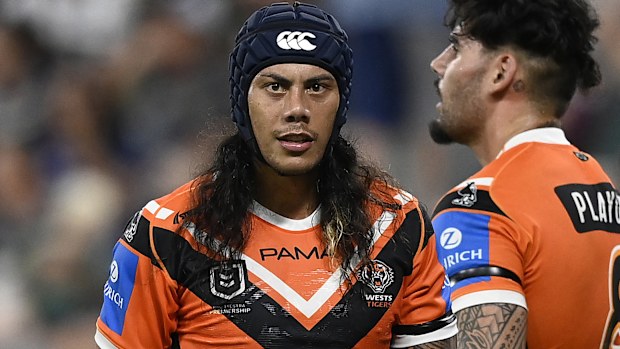 TOWNSVILLE, AUSTRALIA - MAY 31: Jarome Luai of the Tigers looks on during the round 13 NRL match between North Queensland Cowboys and Wests Tigers at Queensland Country Bank Stadium on May 31, 2025, in Townsville, Australia. (Photo by Ian Hitchcock/Getty Images)