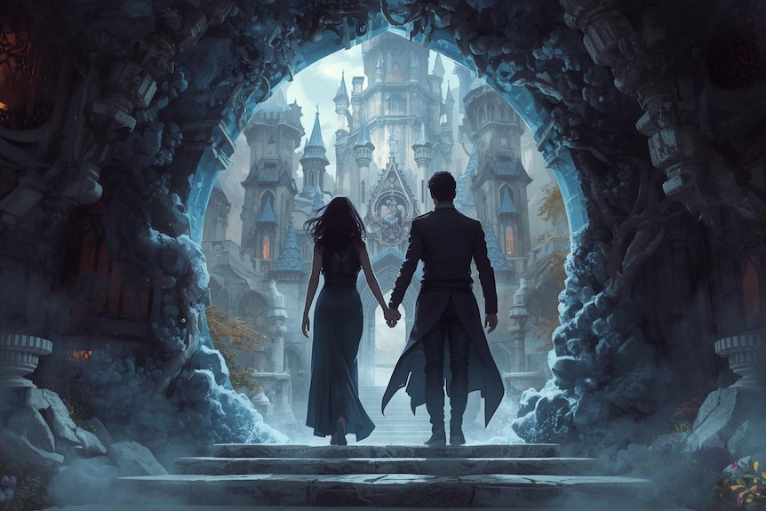 Art of a young man and woman walking through a tunnel towards a castle.